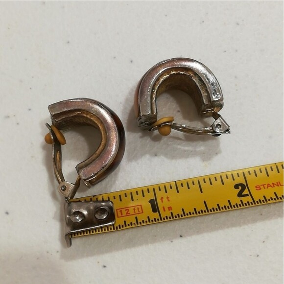 Vintage Chunky  Brown Tan Silver Tone Clip On Earrings - Picture 6 of 6